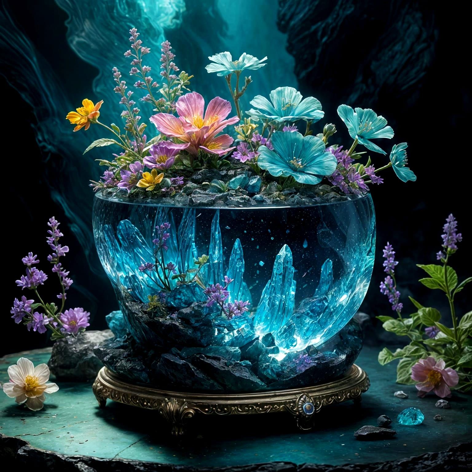 Luminescent Crystal Geode in a Smoky Floral Haven