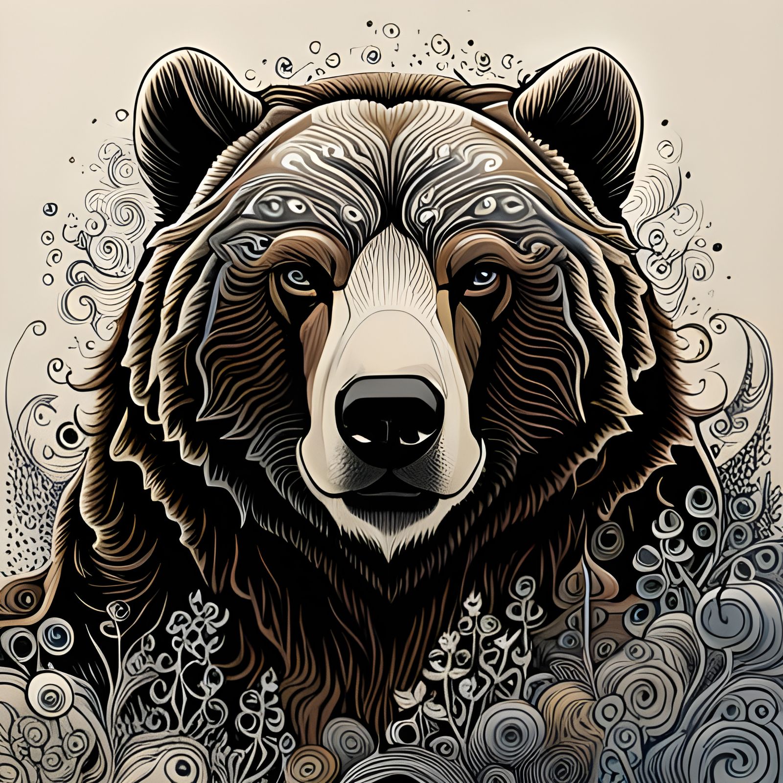Detailed Ink and Watercolor Grizzly Bear Illustration