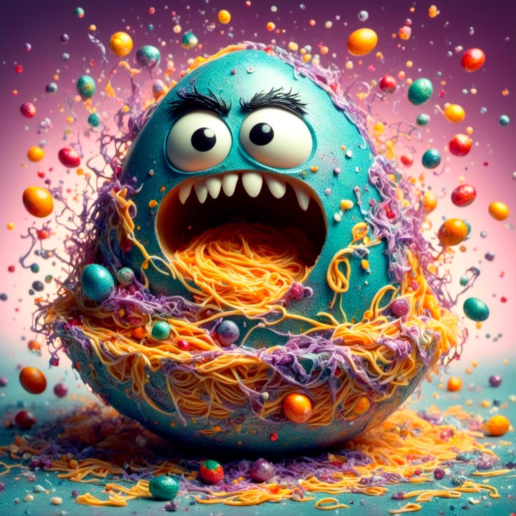 Angry Egg with Spaghetti in Liquid Pour Style