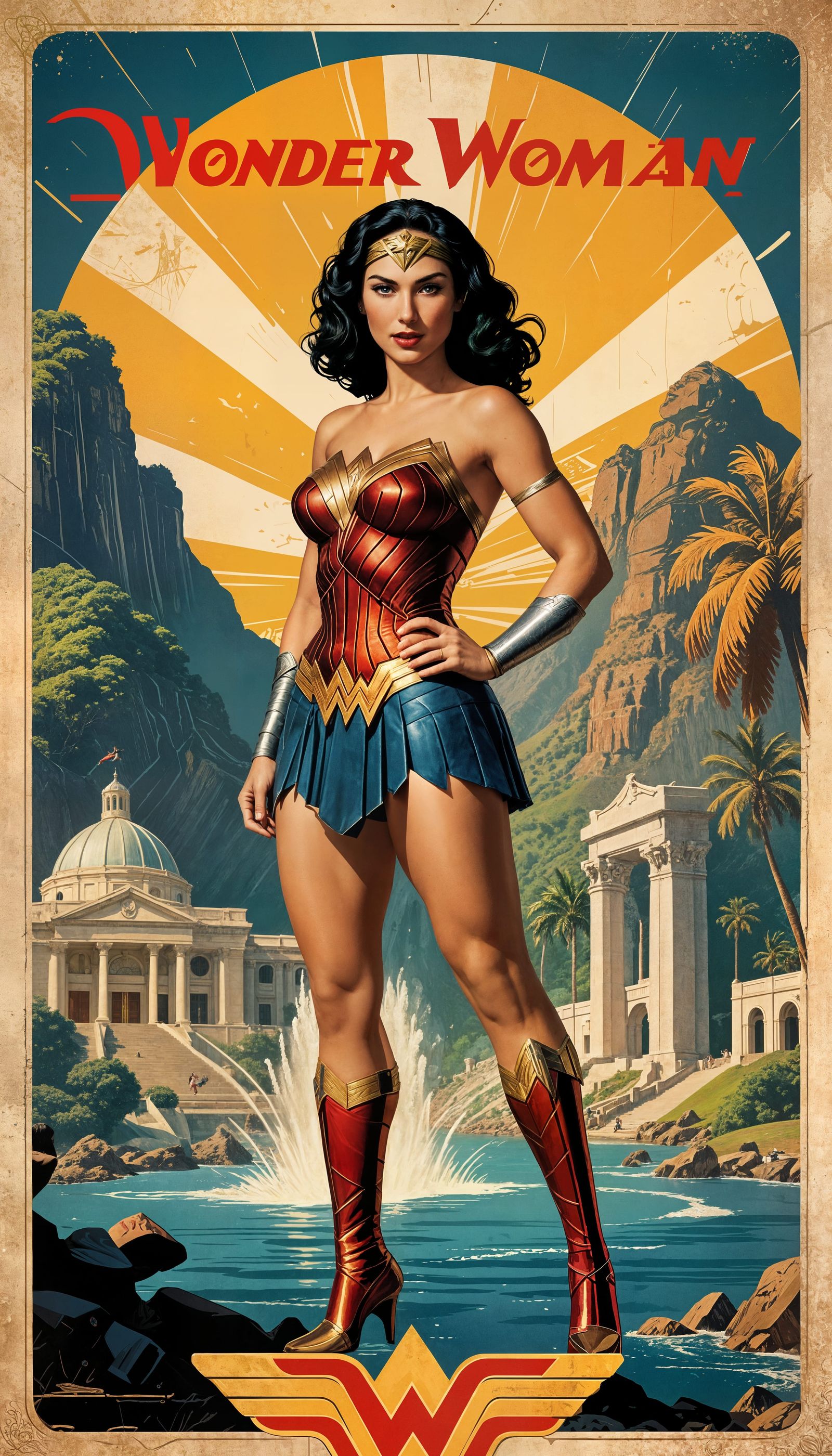 Wonder Woman in Vintage Guatemala, Retro Travel Poster Style
