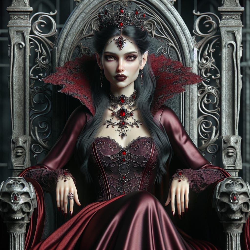 Regal Vampire Queen on Gothic Throne Portrait