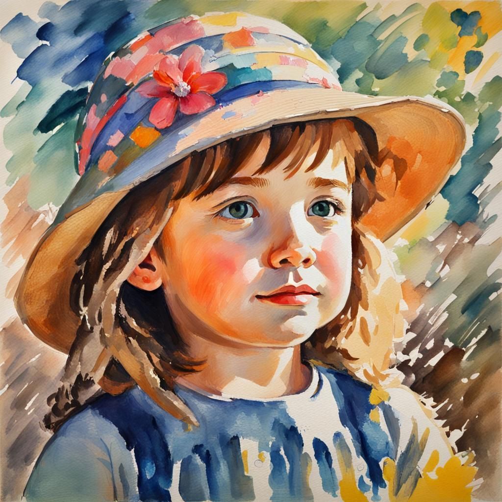 Gouache Style Portrait of Girl in Hat