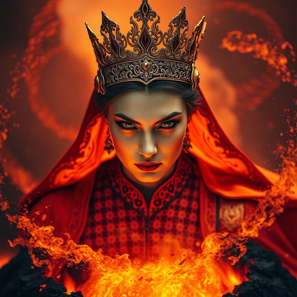 Fiery Queen Portrait Above Volcano in Photorealistic Style