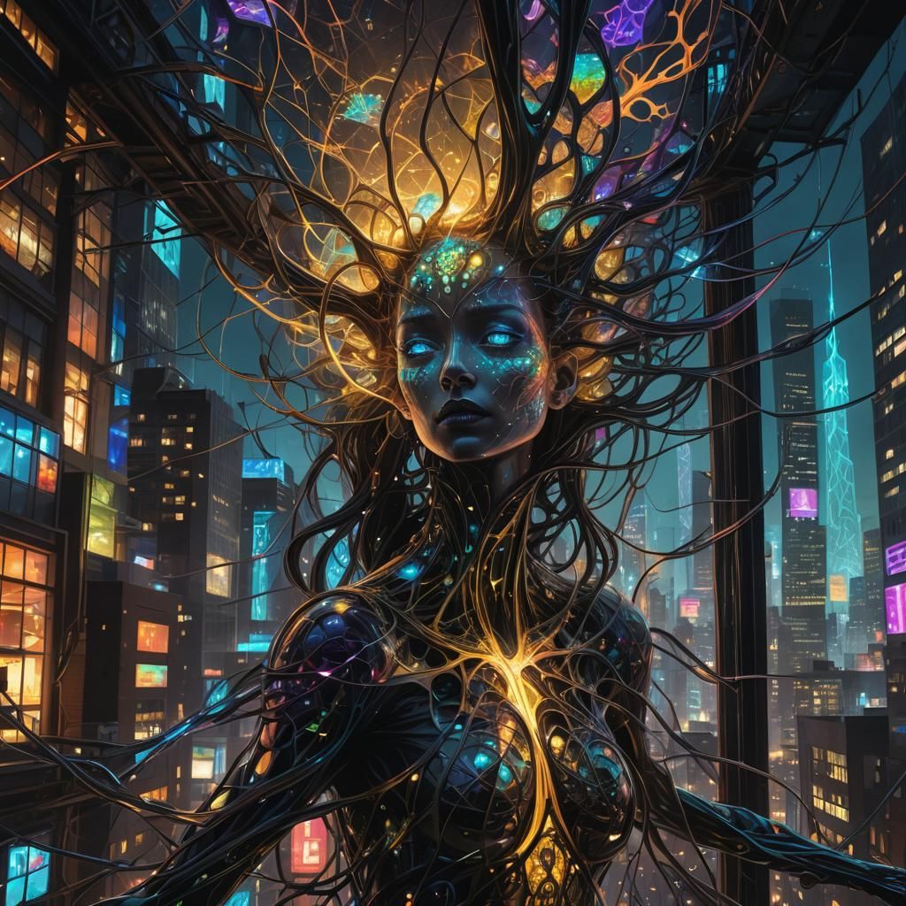 Fractal Web Entity in Bioluminescent Metropolis