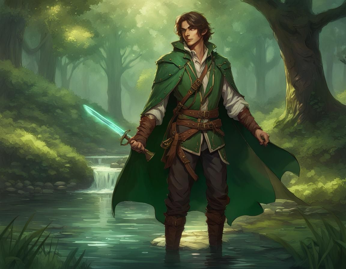 Enchanted Forest Bard with Magic Sword, Anime Art