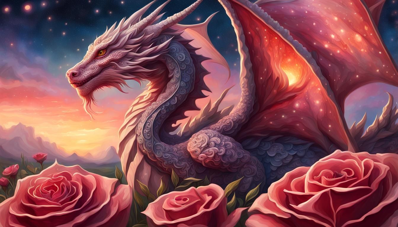Ornate Rose Dragon in Flower Field at Sunset