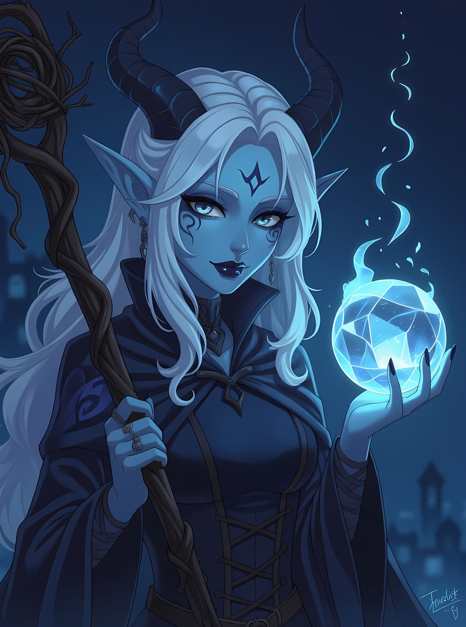 Anime Tiefling Mage with Crystal Sphere