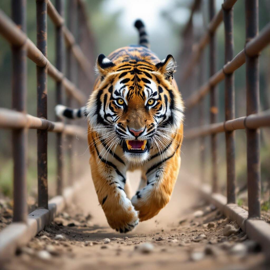 Photorealistic Tiger Sprinting Towards Camera