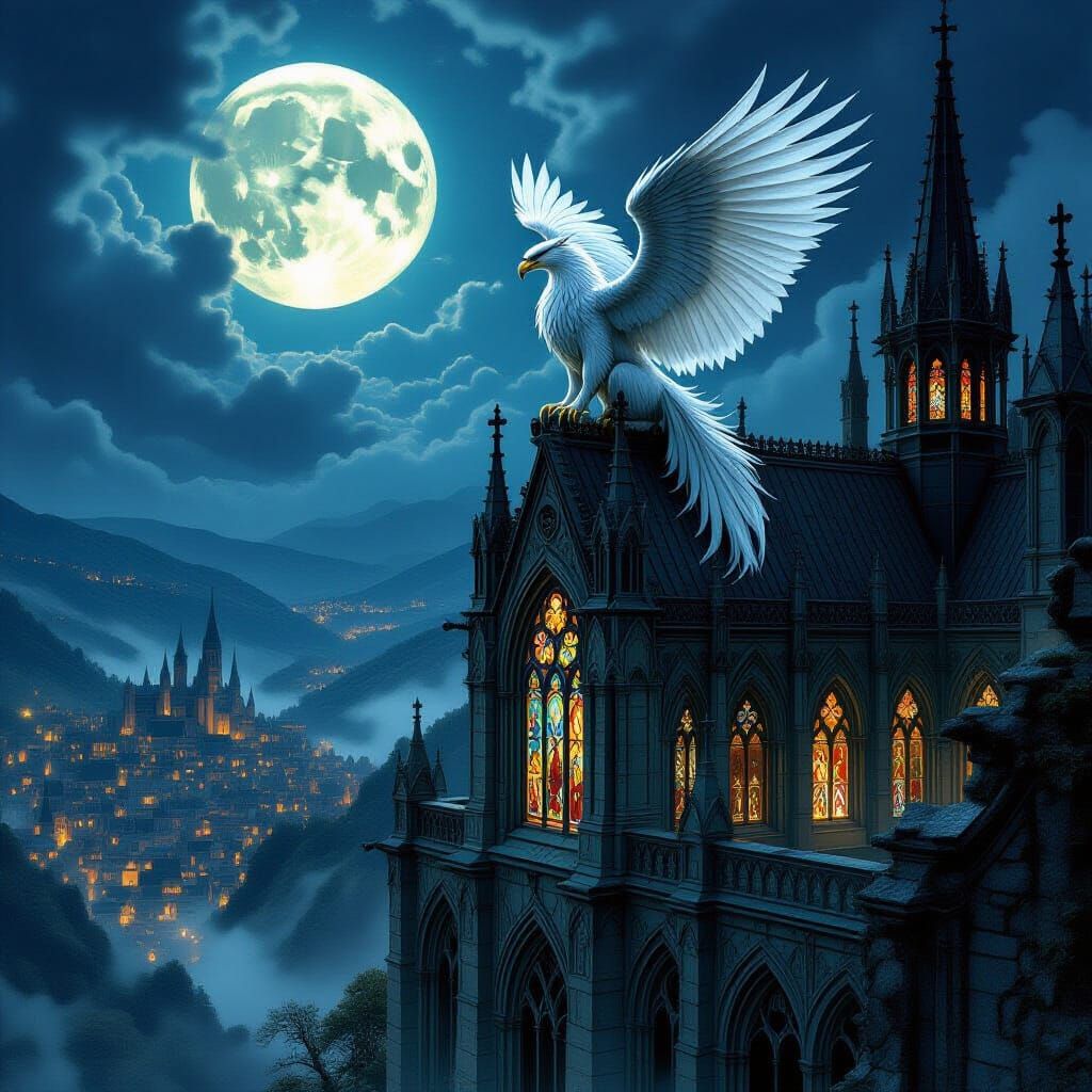Griffin Perched Atop Gothic Cathedral in Dark Fantasy Style