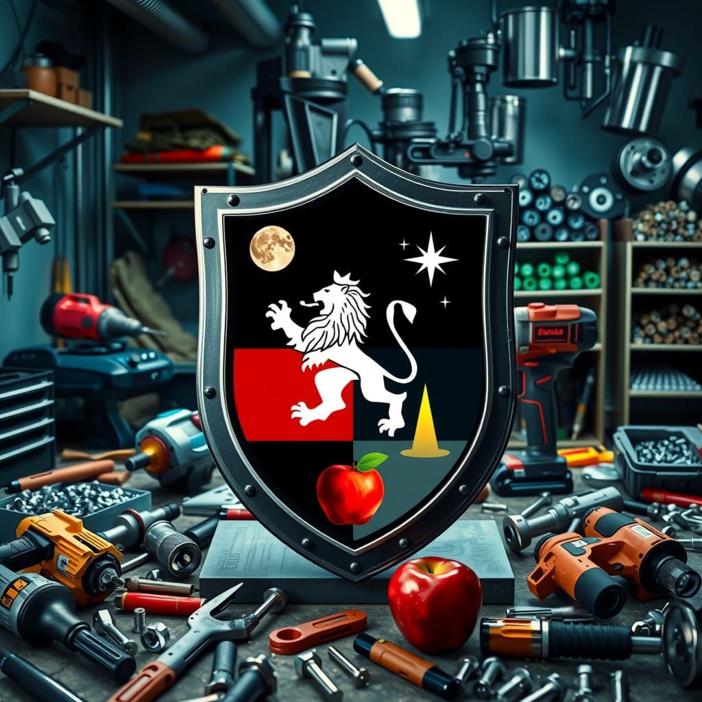 Surrealist Shield Blends Classicism with Industrial Clutter