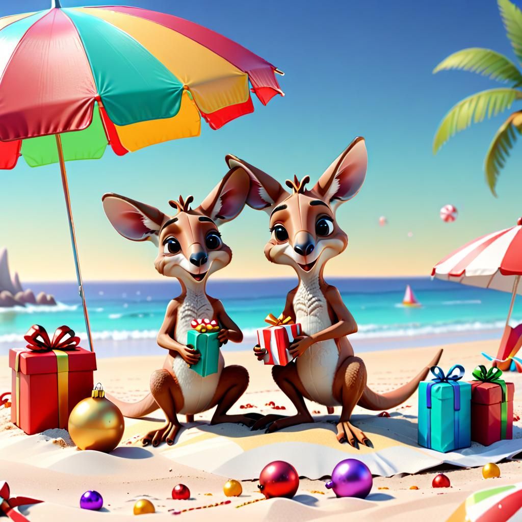 Kangaroos Celebrate Christmas on the Beach: 3D Render