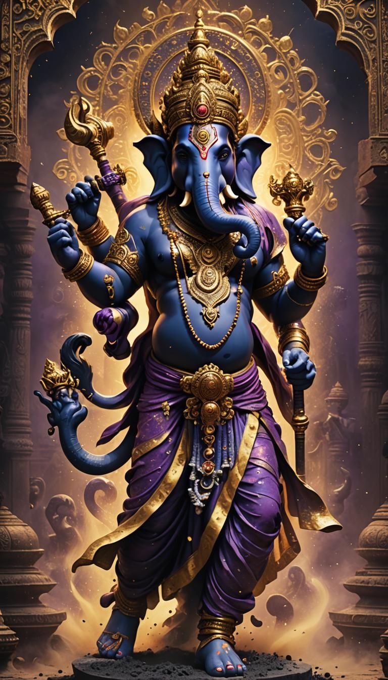 Ganesh with Lion Guardian in Dark Fantasy Style