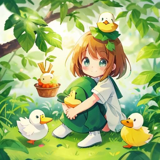 Girl Hugging Duck with Leaf Crown