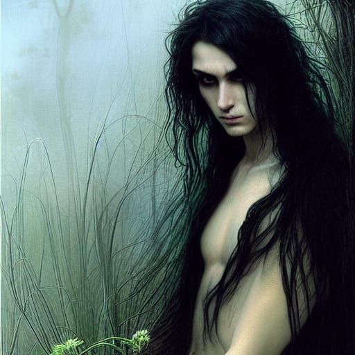 Dark Fae Male with Waterweed, Pre-Raphaelite Art