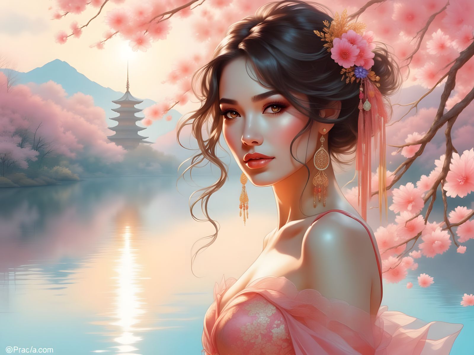 Japanese Pinup Goddess in Soft Pastel Landscape