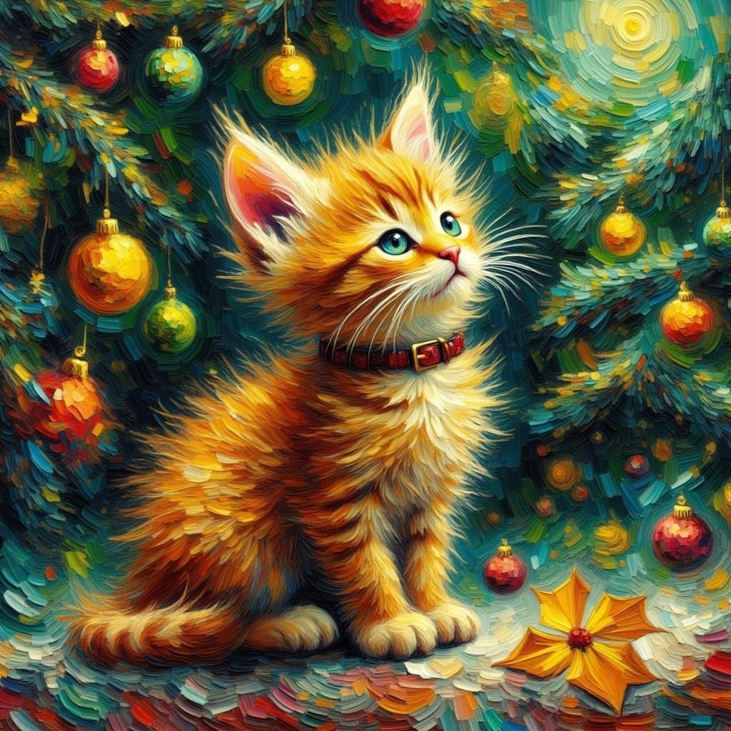 Festive Christmas Kitten in Impasto Oil Style