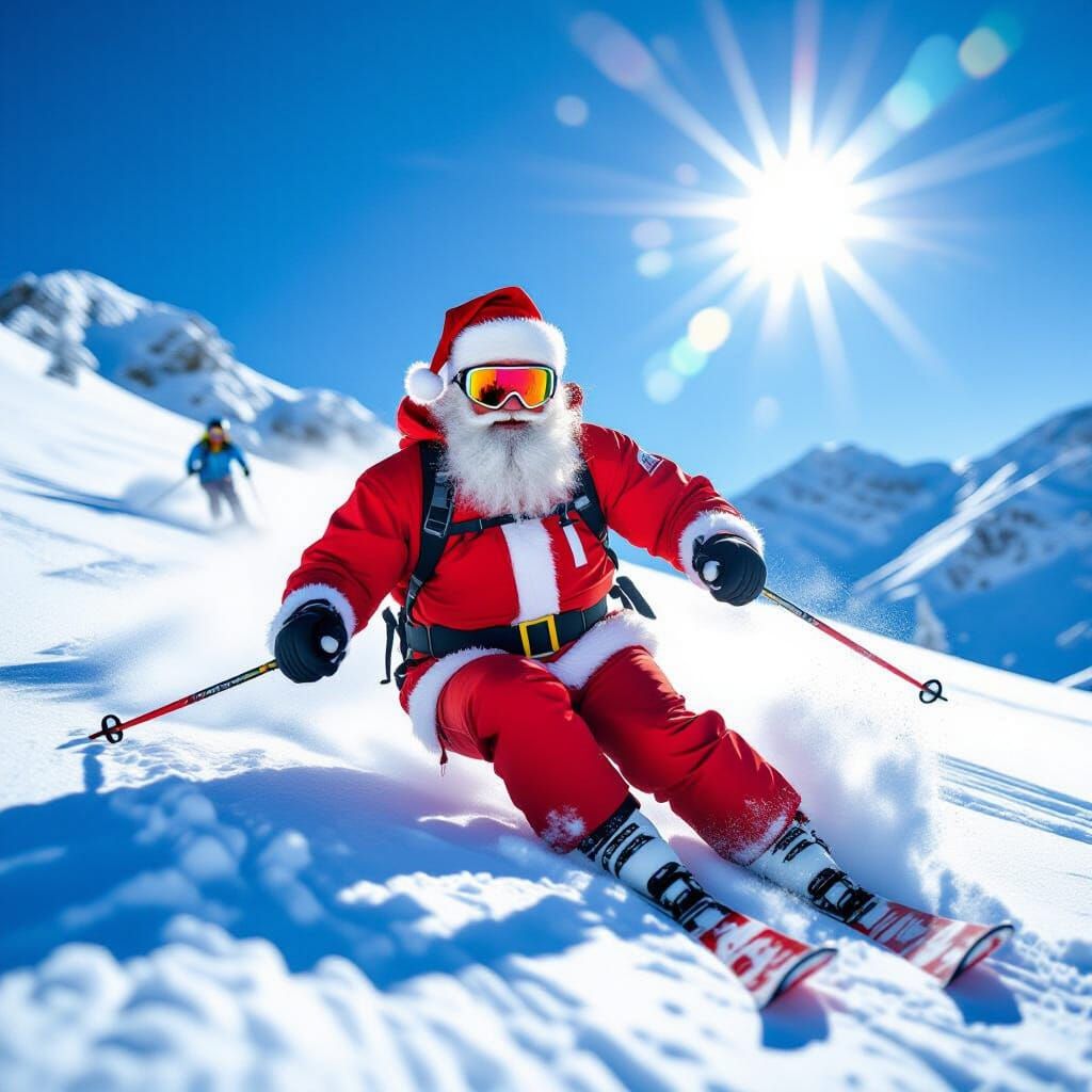 Santa Claus Skiing Down Snowy Mountain Slope