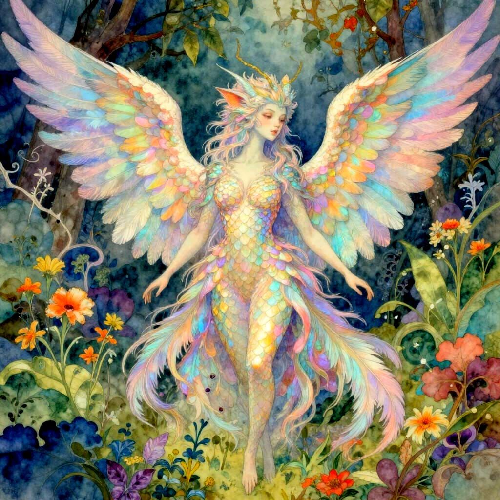 Graceful Winged Chimera in Watercolor Storybook Style