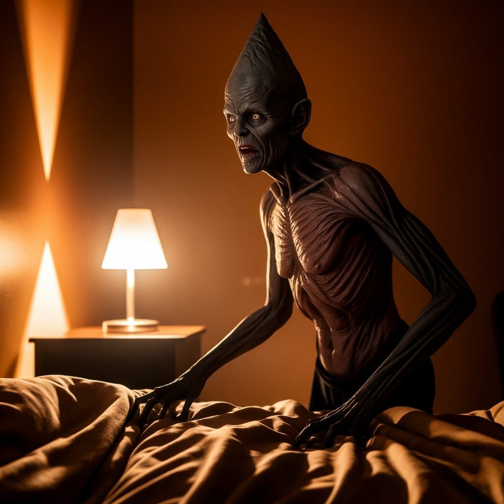 Terrifying Faceless Creature in Shadowy Bedroom