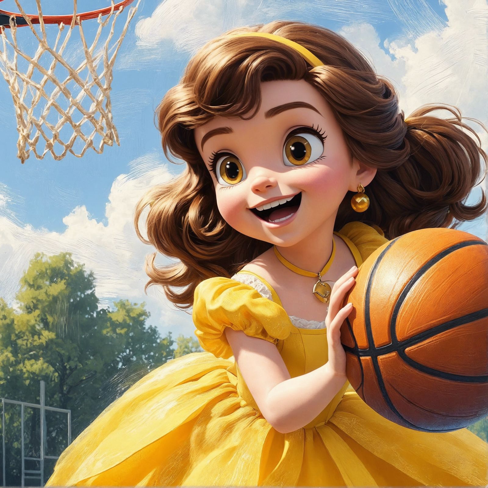 Princess Plays Basketball: A Classic Oil Painting