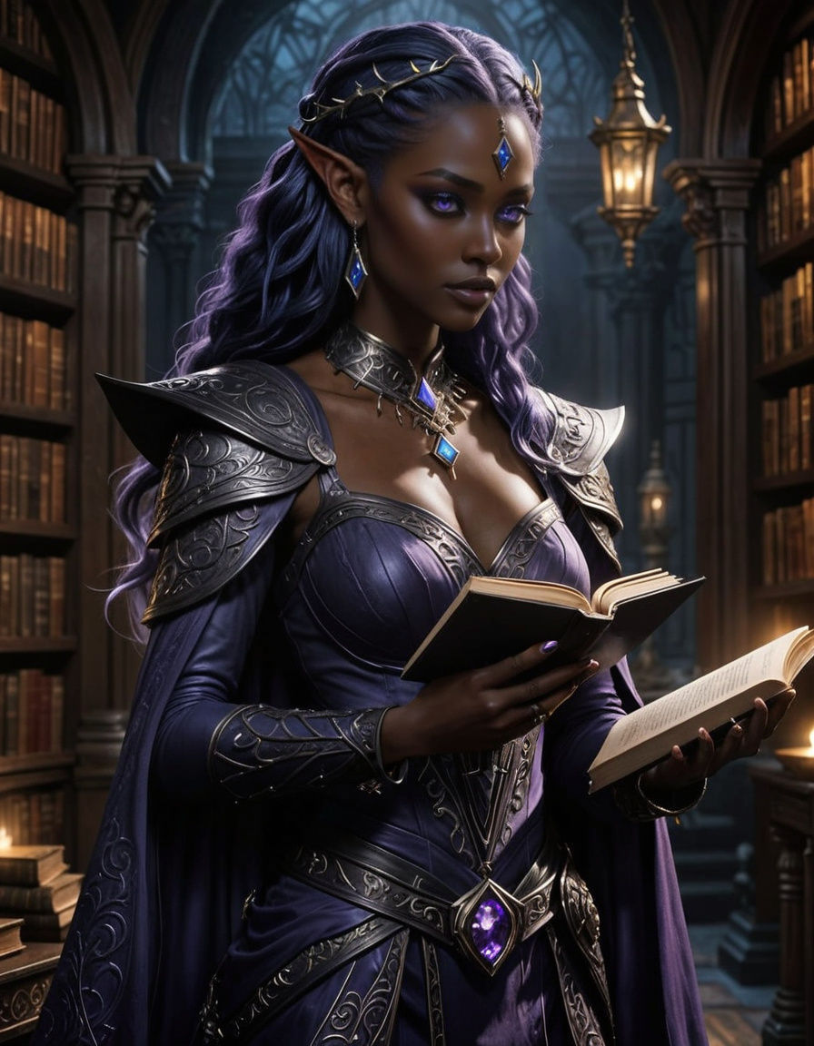 Mysterious Black Sorceress Elf with Enchanting Purple Aura