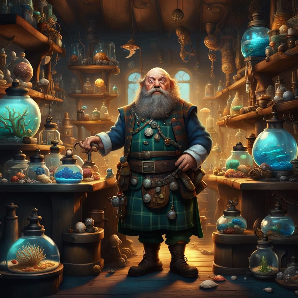 Whimsical Dwarf Alchemist in Marine Laboratory