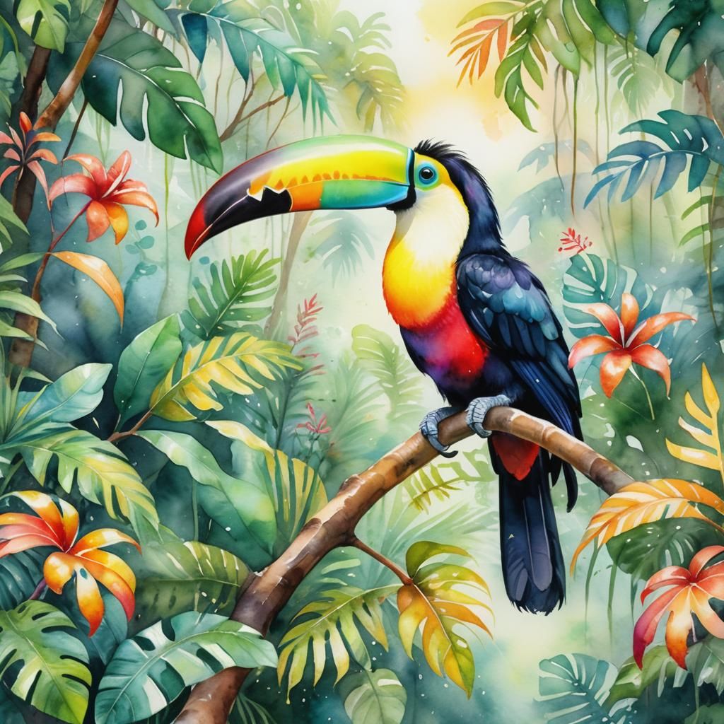Colorful Toucan in Lush Watercolor Rainforest