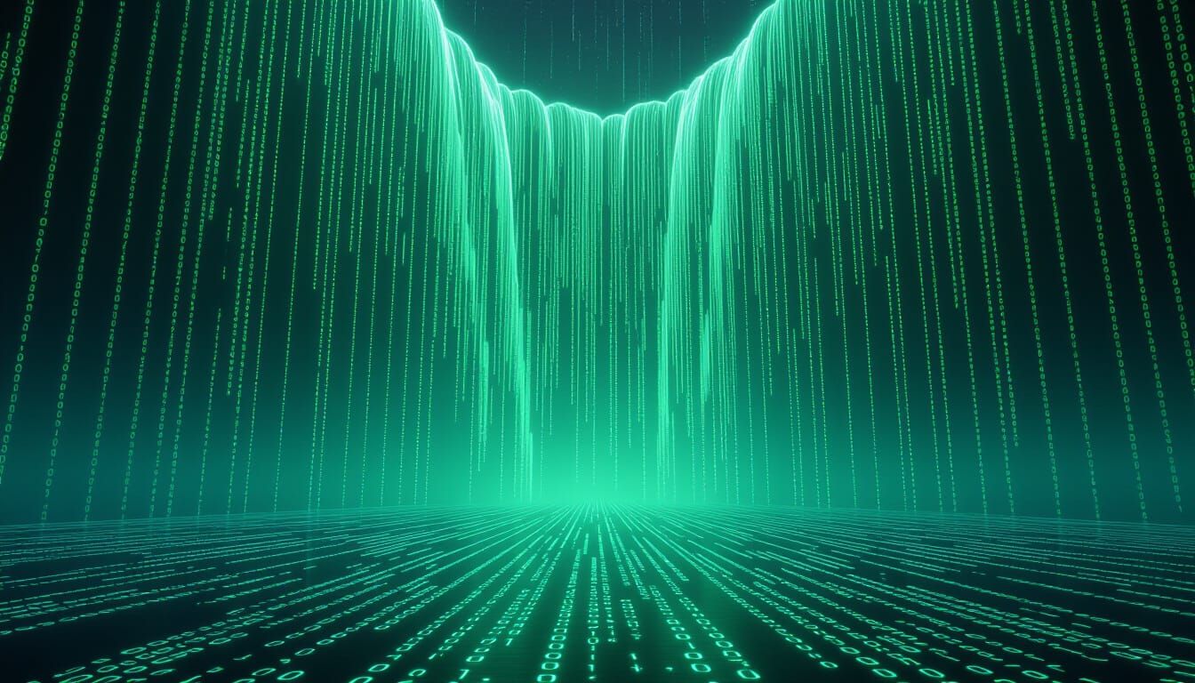 Abstract Binary Code Waterfall Sculpture in Digital Void