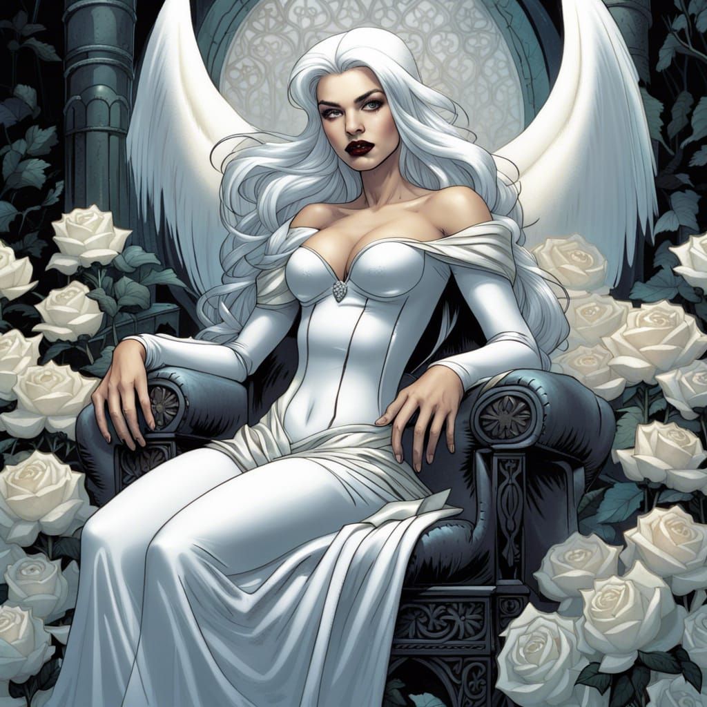 Gothic Angel Princess on Throne of Roses