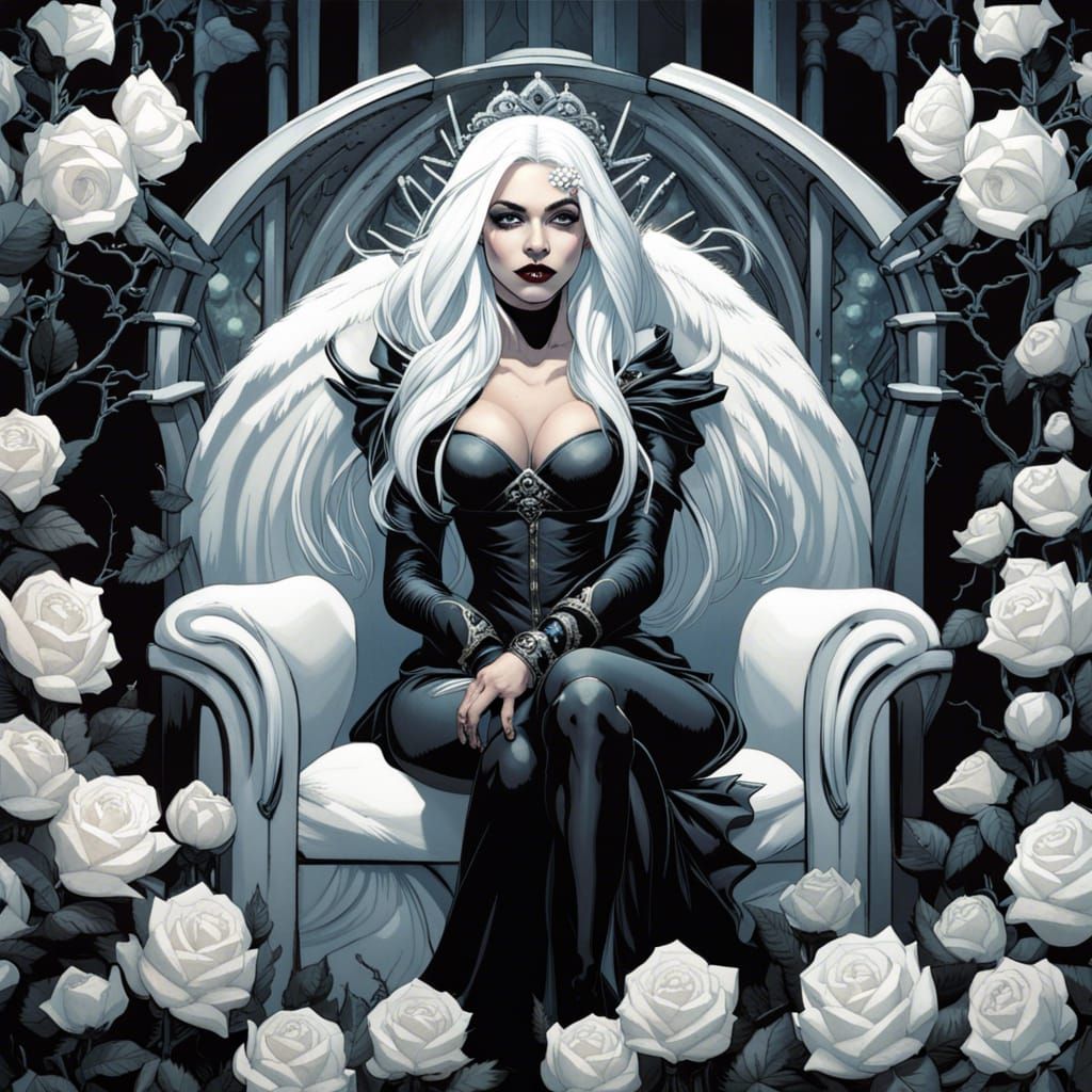 Gothic Angel Princess on Rose Throne: Comic Book Art