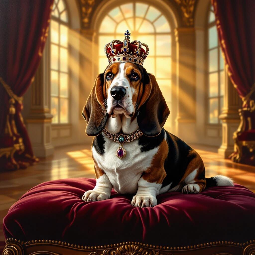 Regal Basset Hound in Grand Ballroom Oil Painting