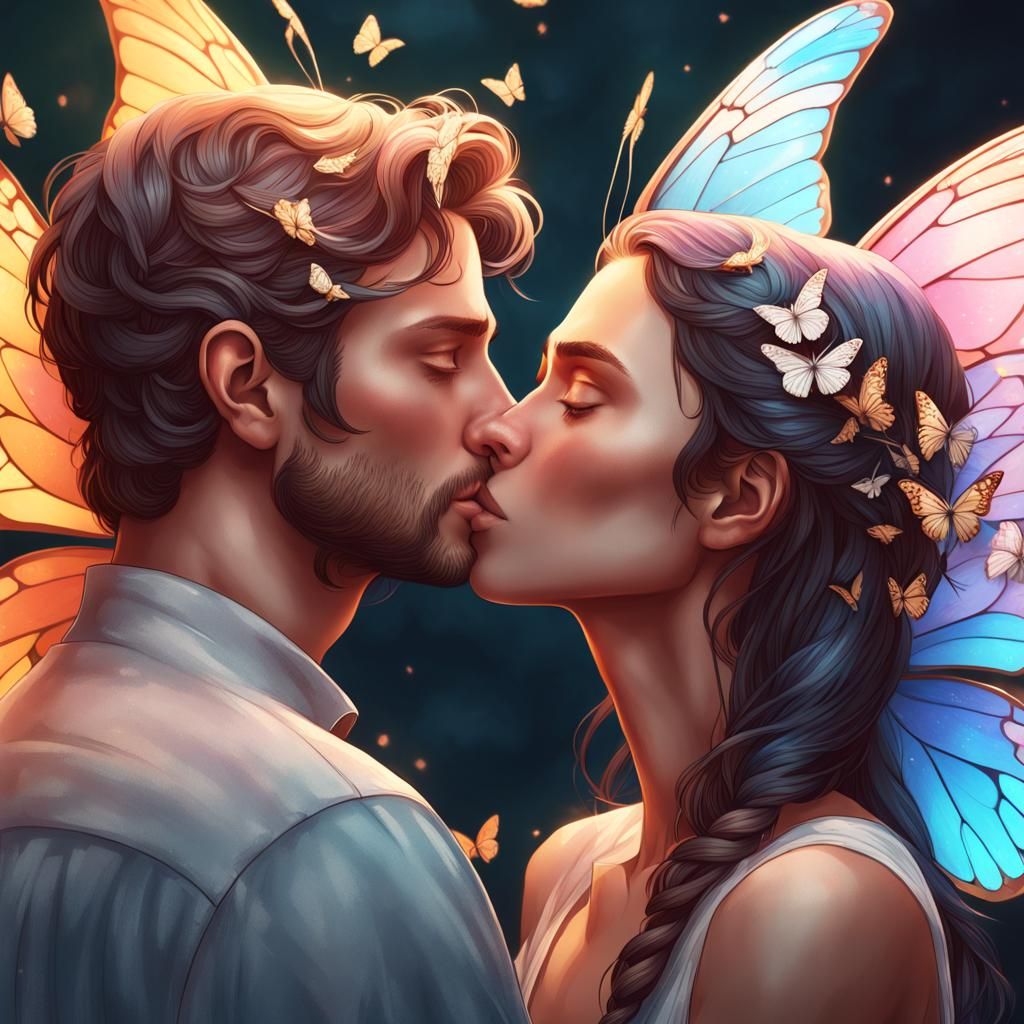 Angelic Kiss in Butterfly Flight: Concept Art Portrait