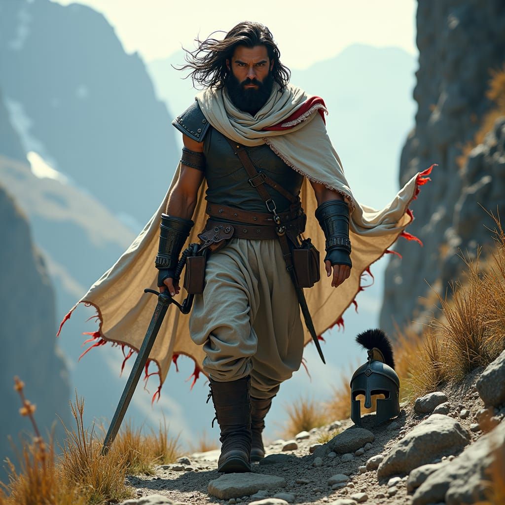 Traveler With Mechanical Arm in Mountain Pass