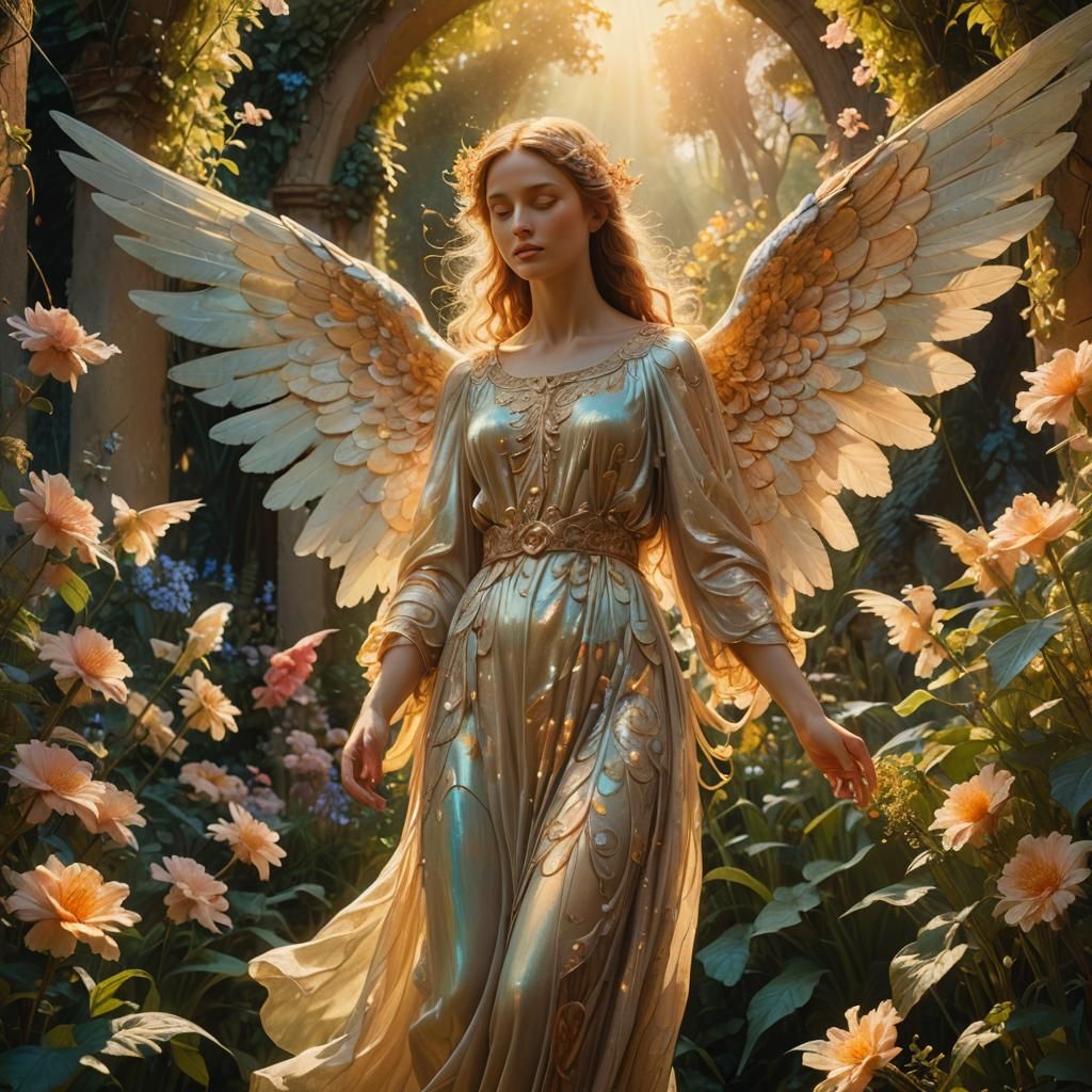 Ethereal Angel in Lush Garden, Surrealist Fantasy Art