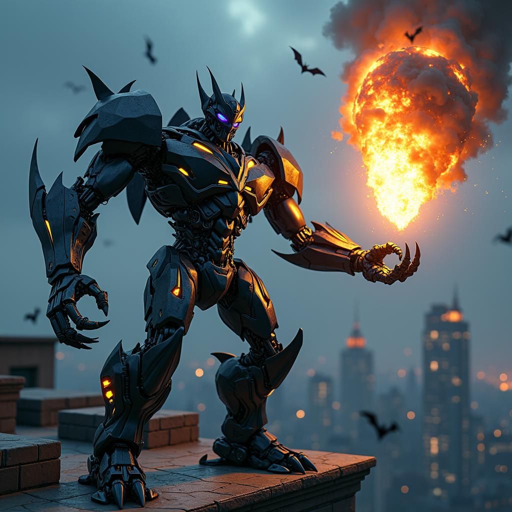 Gothic Transformer Halts Meteor in Dark Gotham City