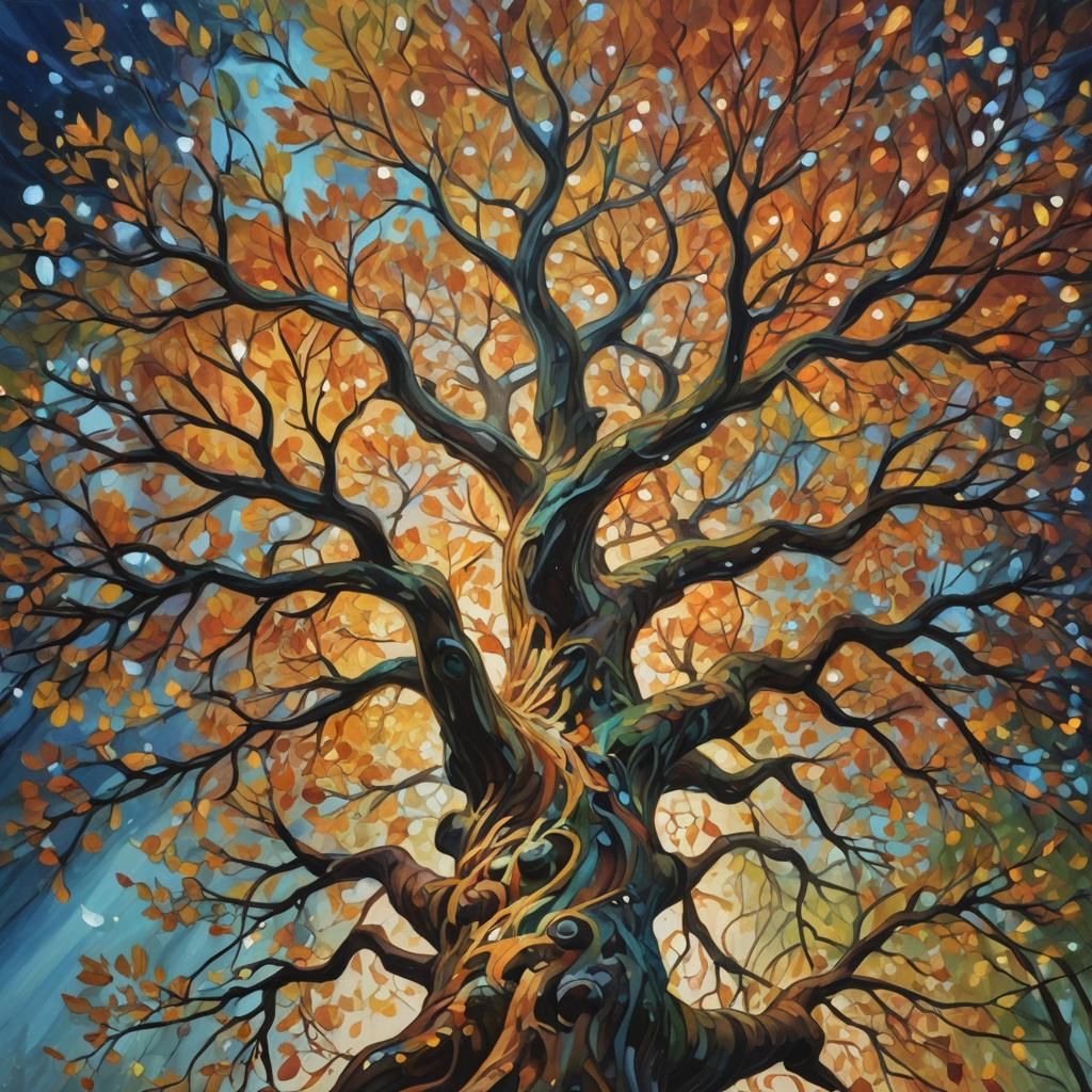Yggdrasil in Autumn: An Impressionist Oil Painting