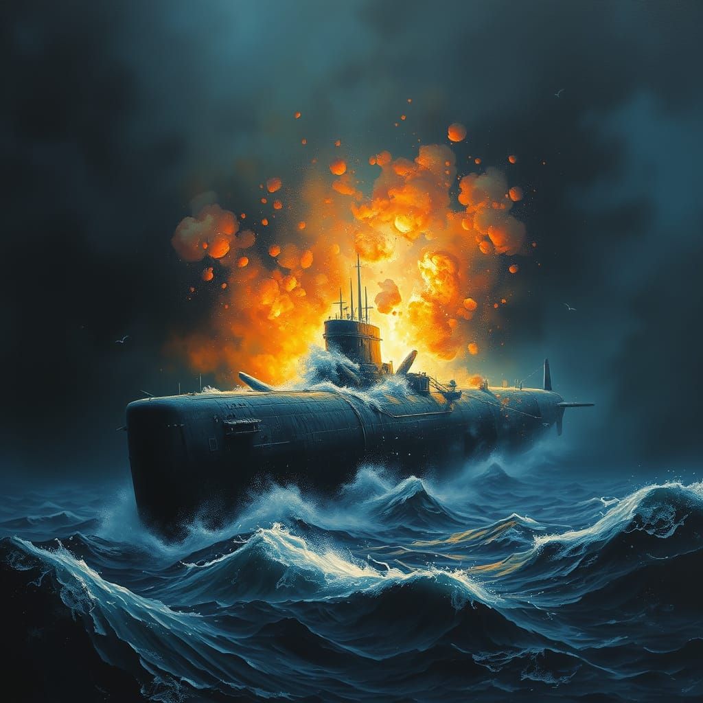 A nuclear-powered Russian submarine exploding and breaking a...