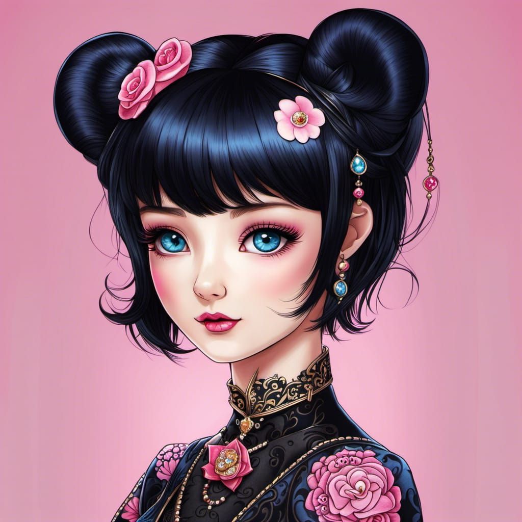 Gothic Anime Woman Portrait in Detailed Manga Style