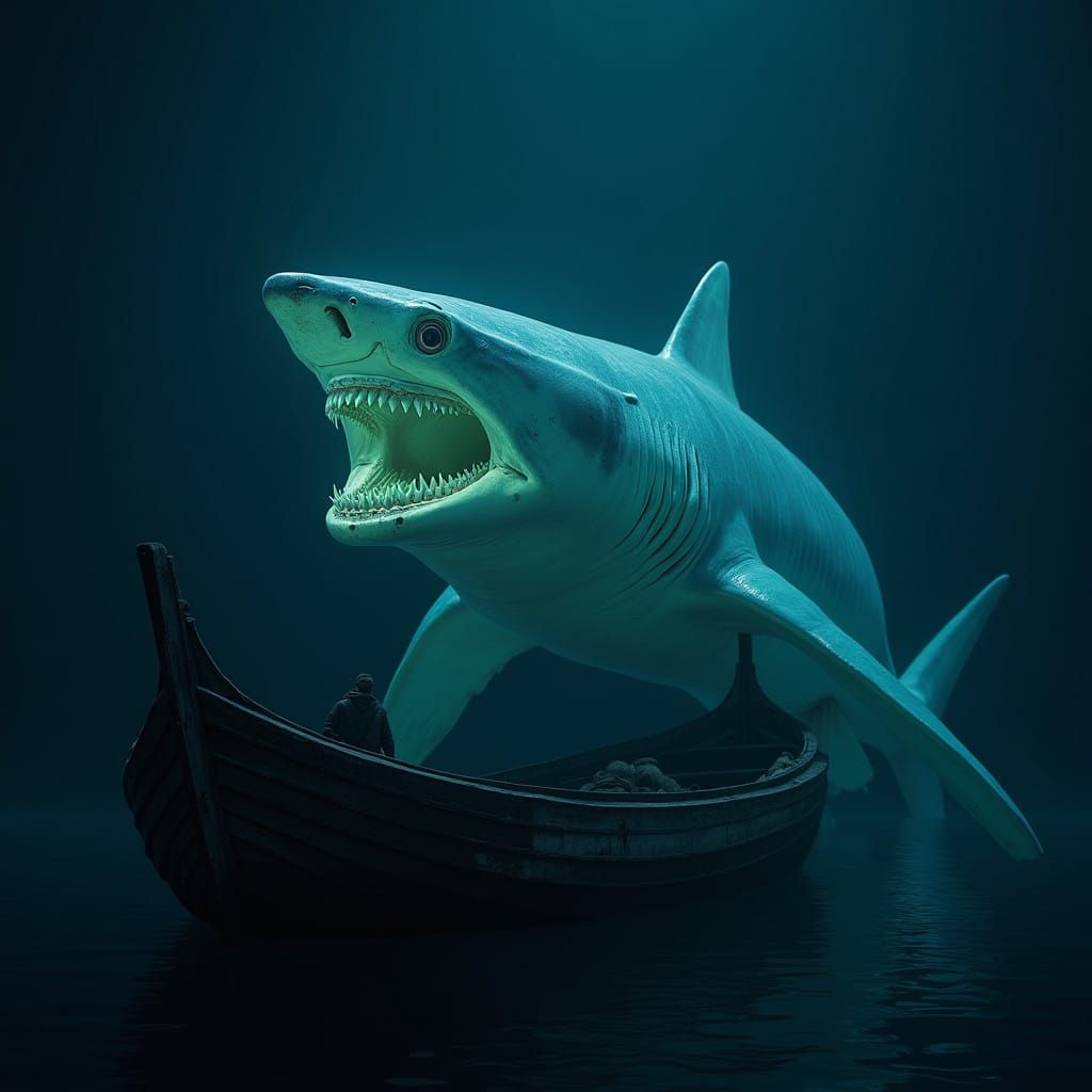 Ethereal Blue-Green Bioluminescent Megladon Shark Descends U...