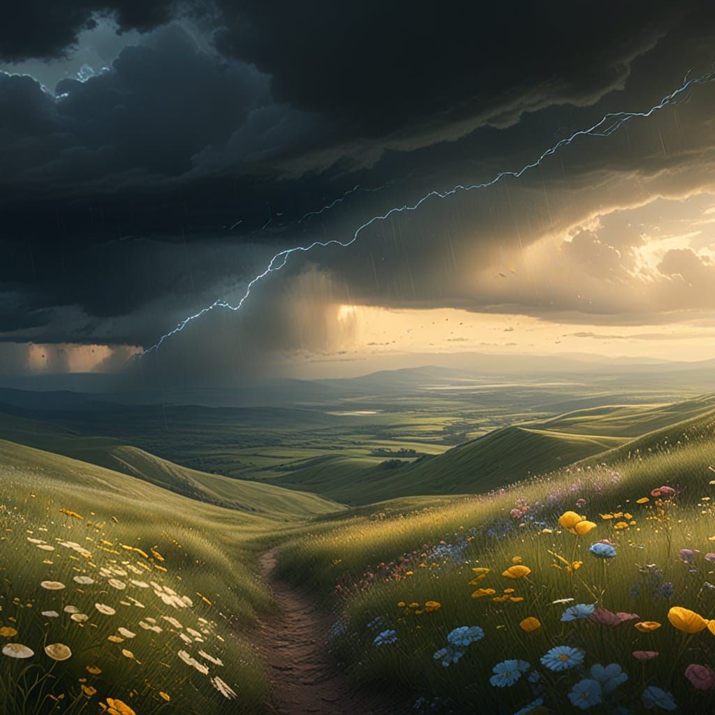 Wildflowers Bending in Summer Rain: Matte Painting