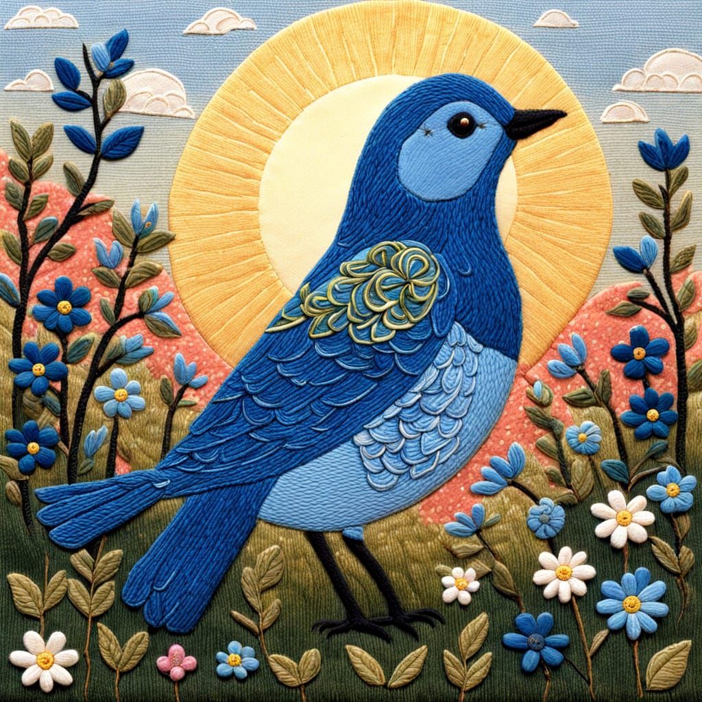 Bird in Vibrant Spring Meadow, Folk Art Embroidery Style