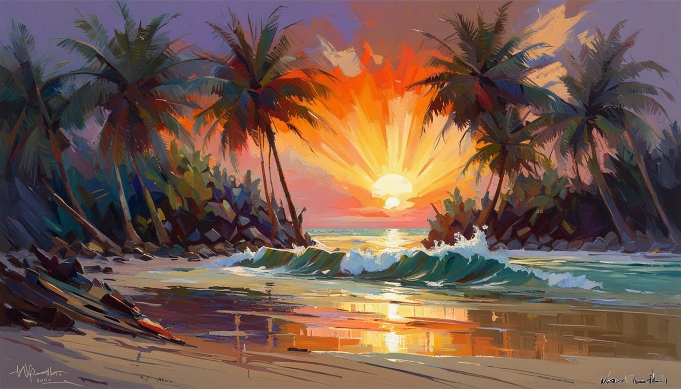 Tropical Island Sunset with Palm Trees