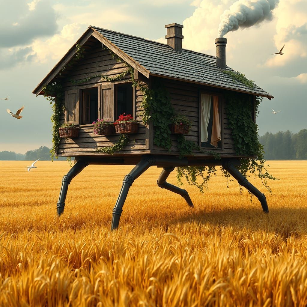 Whimsical Wooden House Strolls Across a Golden Wheat Field