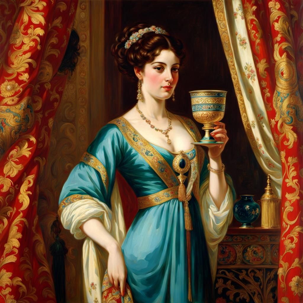 Woman with Goblet: Ornate Portrait in Academic Style