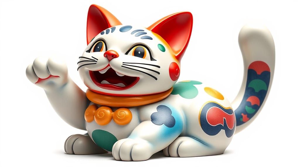 Vibrant Traditional Chinese Cat Statue with Cheerful Express...