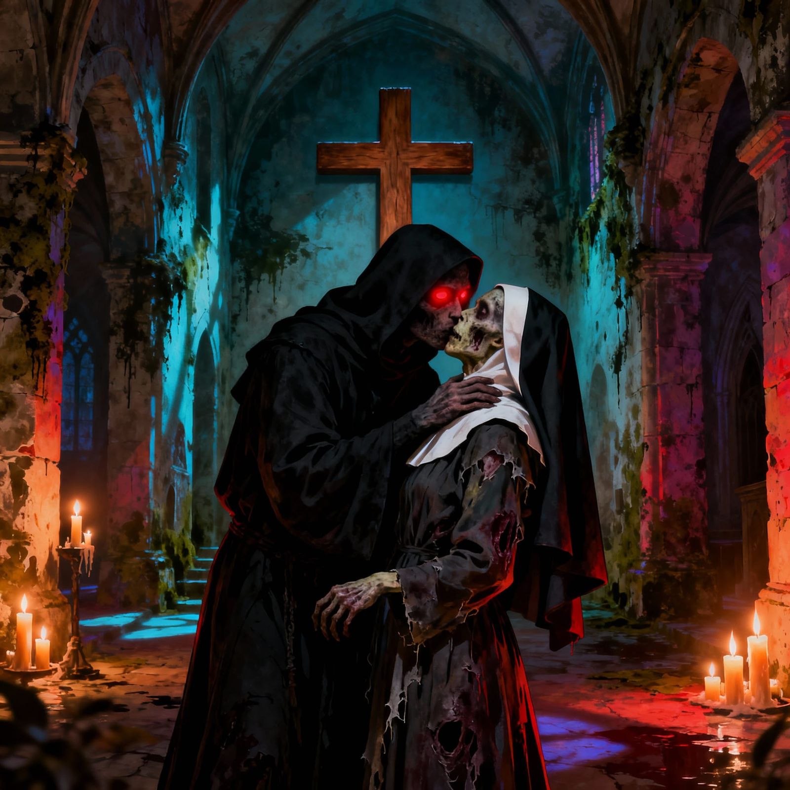 Macabre Death Kisses Zombie Nun in Candlelit Convent