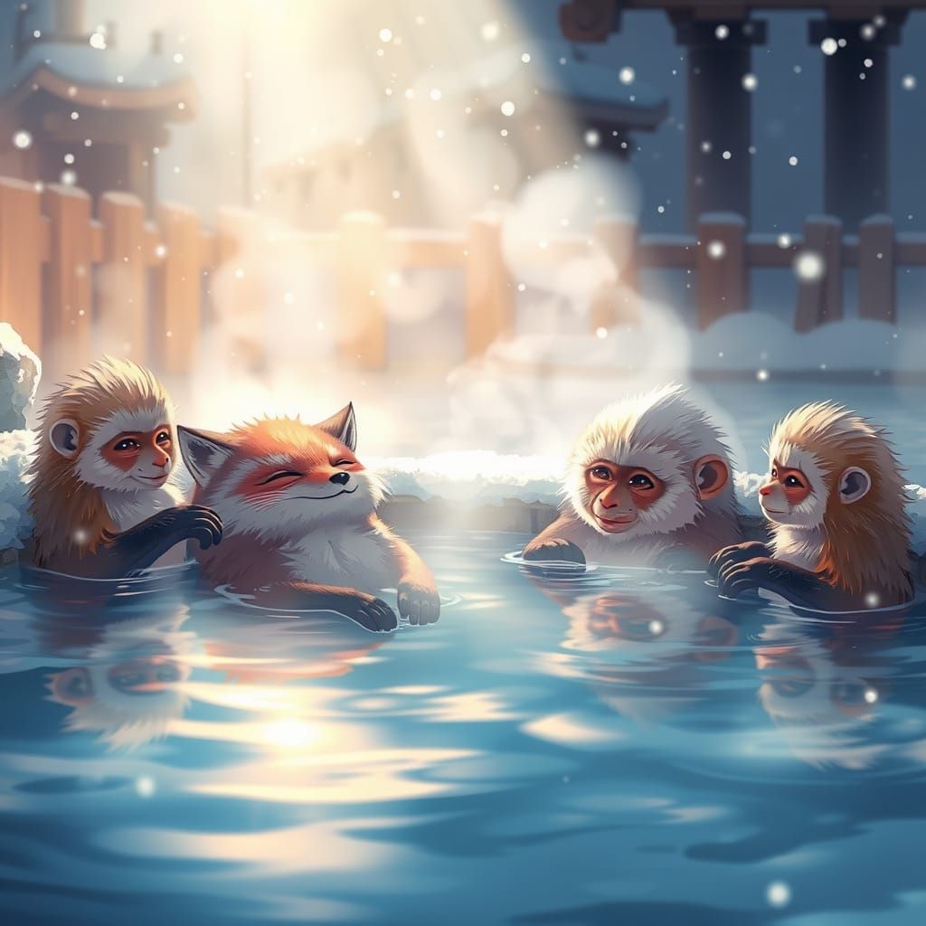 Kitsune Fox and Snow Monkeys in Anime Style