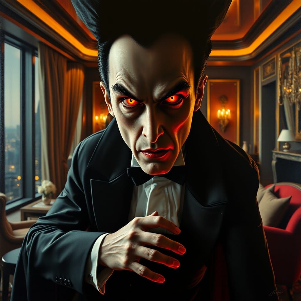 Dracula inverts in Modern Penthouse as Oil Painting