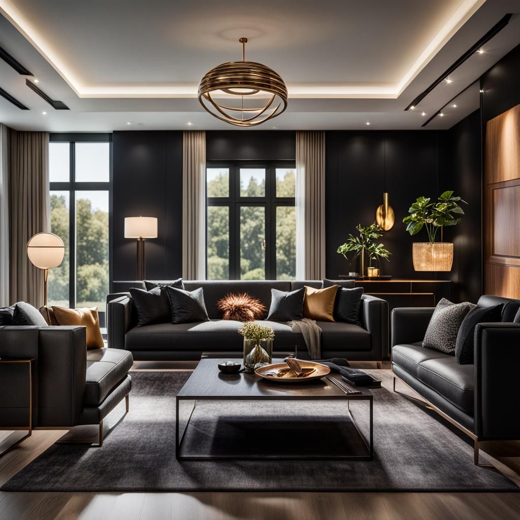 Sleek Black Stone Wall in Modern Living Room