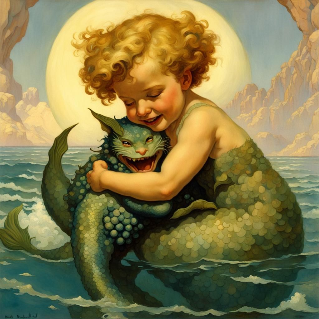 Vintage Mermaid Toddler Hugging Pet, Parrish Style